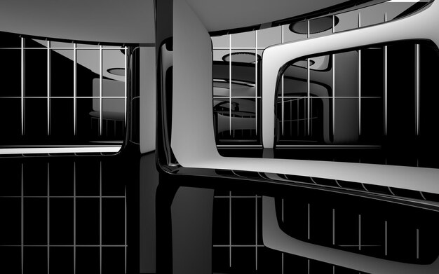 Abstract smooth architectural white and black gloss interior of a minimalist house with large window