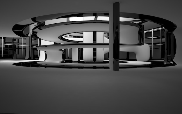 Абстрактный гладкий архитектурный белый и черный глянцевый интерьер минималистского дома с большим окном