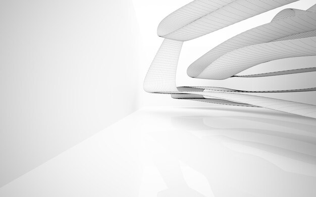 未来の抽象的な滑らかな白いインテリア。建築背景。 3D イラストとレンダリン