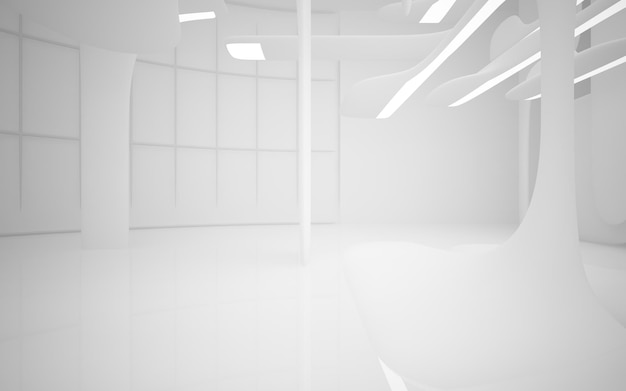 Абстрактный гладкий белый интерьер будущего Ночной вид с подсветки Архитектурное