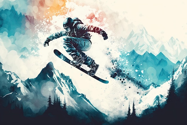 Foto lo snowboarder astratto che salta nell'aria sulle montagne dell'inverno della neve ai generativo