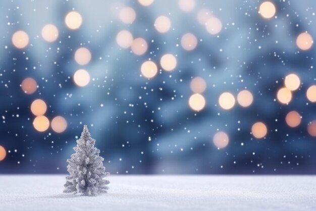 Abstract snowy landscape with blurred Christmas tree lights and advertising space