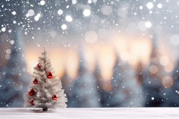 ぼんやりしたクリスマスツリーのライトと広告スペースを持つ抽象的な雪の風景