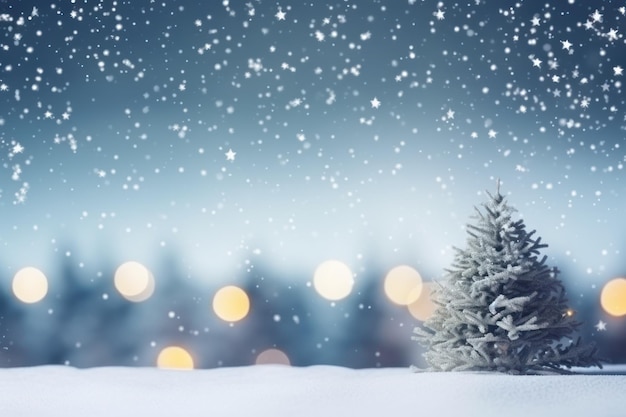 Абстрактный снежный пейзаж с размытыми огнями рождественской елки и рекламным пространством