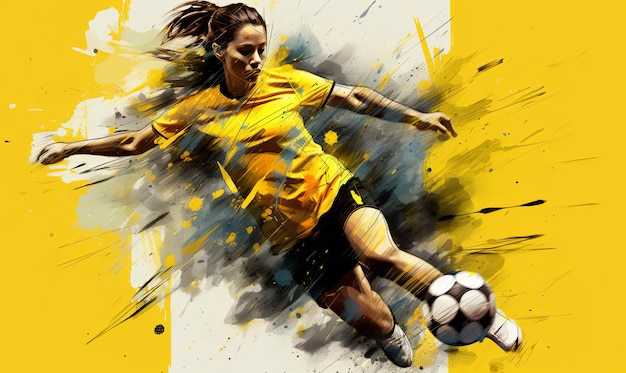 Abstract soccer action image of a female football player colorful painted illustration