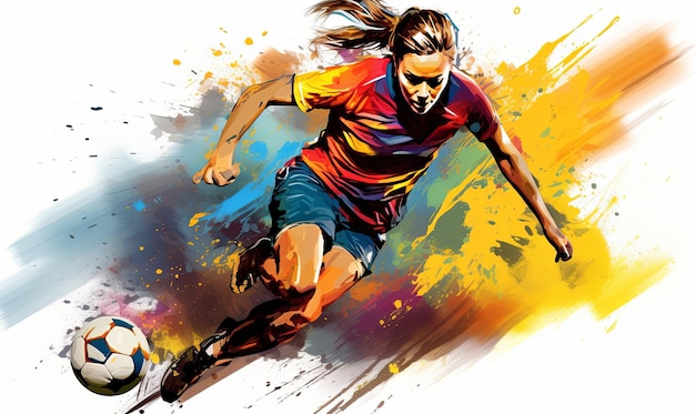 Abstract soccer action image of a female football player colorful painted illustration