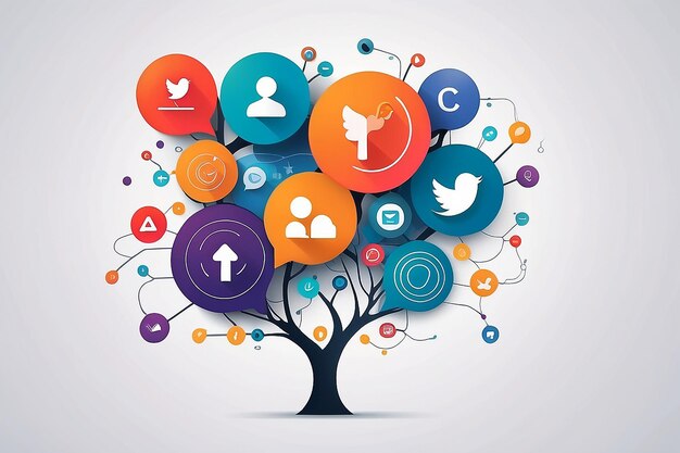 Abstract social media background with lines connected circles integrated flat icons Growth tree concept with network