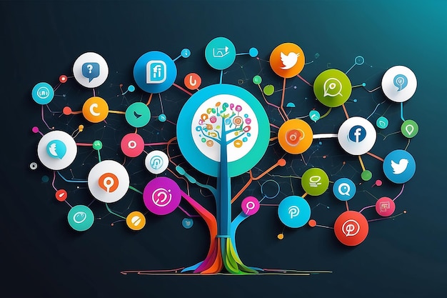 Abstract social media background with lines connected circles integrated flat icons Growth tree concept with network