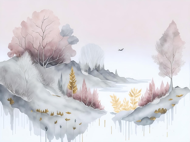 Абстрактный мягкий осенний пейзаж в стиле акварели на белом фоне