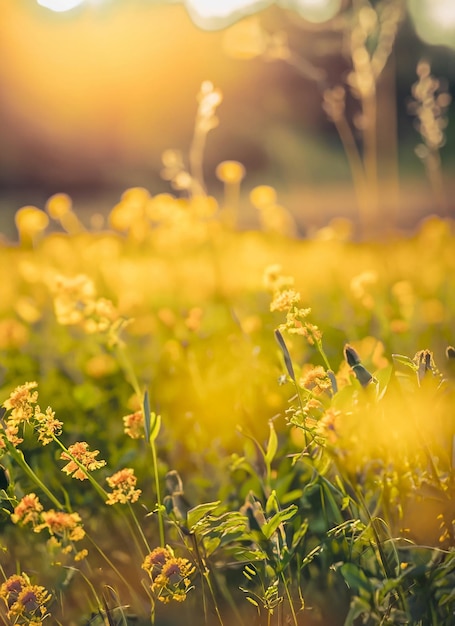 Abstract soft focus sunset field landscape of yellow flowers and grass meadow warm_ai_generated