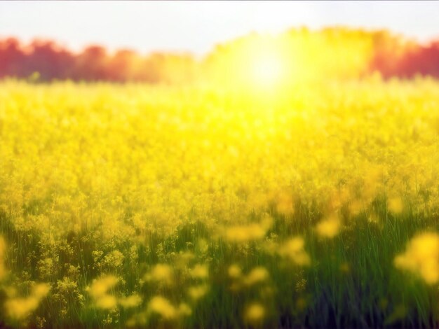 Abstract soft focus sunset field landscape of yellow flowers and grass meadow warm golden hour