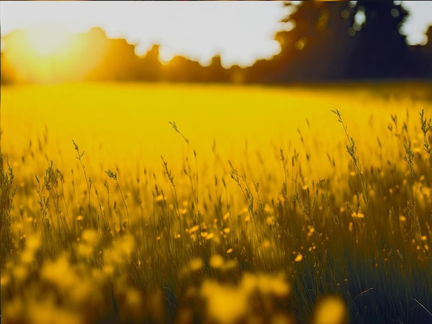 Abstract soft focus zonsondergang veld landschap van gele bloemen en gras weide warm gouden uur