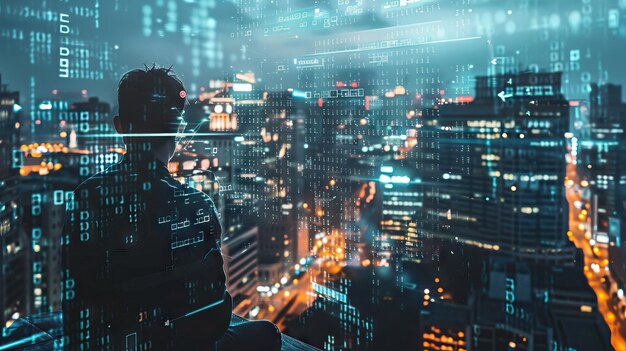 abstract software developer programming binary computer code with modern city skyline
