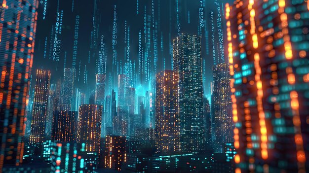 abstract software developer programming binary computer code with modern city skyline