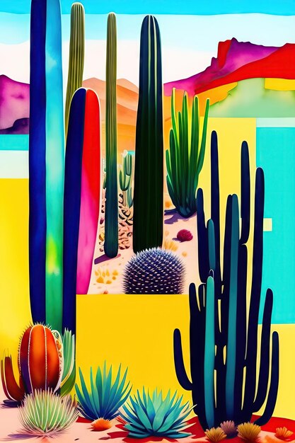 Abstract southwestern collage modern midcentury art color blocks desert cactus