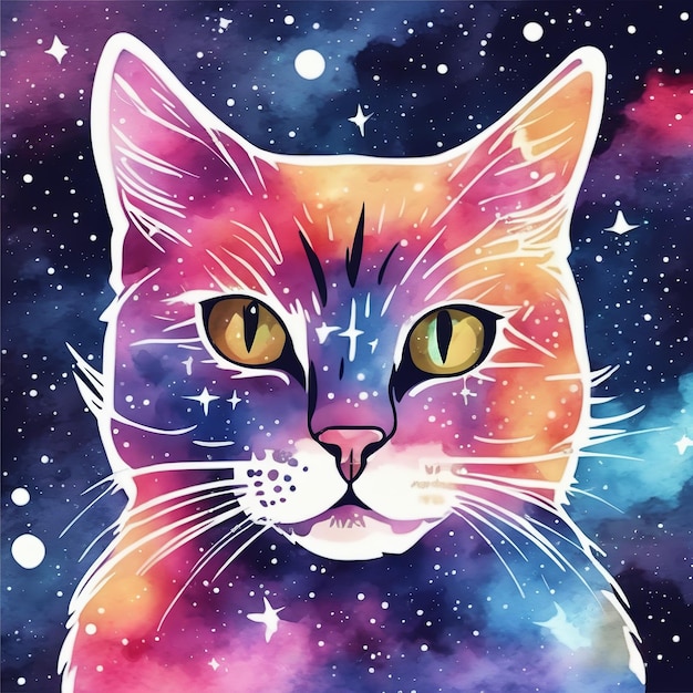 Abstract space cat Watercolor hand painted isolated illustration