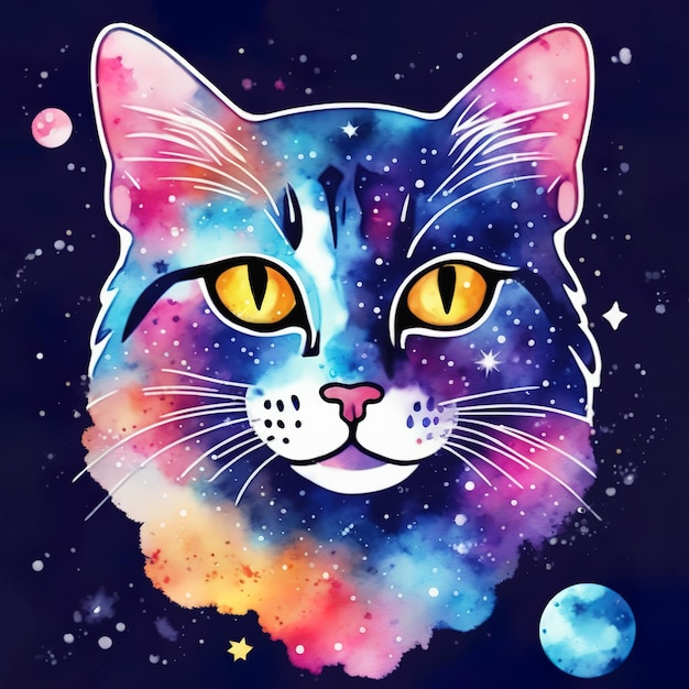 Abstract space cat with yellow eyes Watercolor hand painted isolated illustration