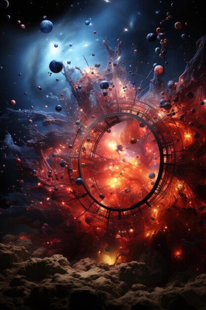 An abstract space scene with a circular structure and a red and black background ai