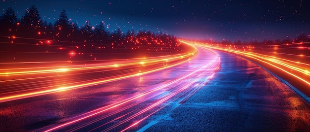 Абстрактное движение скорости на неоновых светящихся огнях на дороге в темноте