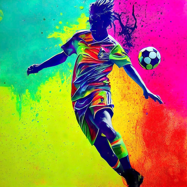 Foto abstract spetterde bespat graffiti verf van schaduw van man voetballen met een kleurrijke energie