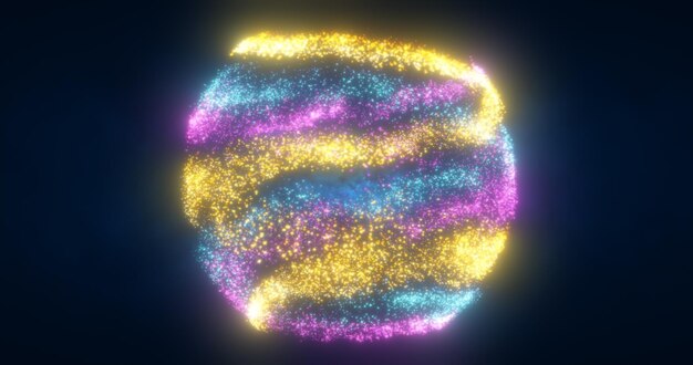 Abstract sphere ball of yellow blue and purple glowing bright flying energy particles