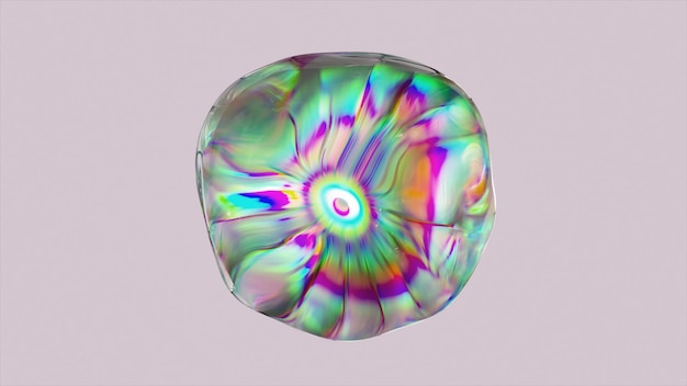 Abstract sphere made of iridescent transparent liquid changes shape on a white isolated background Light refraction