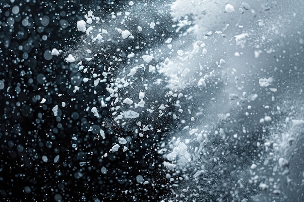 Photo abstract splashes of rain and snow overlay freeze motion of white particles on black background