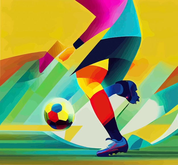 Abstract splattered splashed graffiti paint of shadow of man playing soccer with a colorful energy