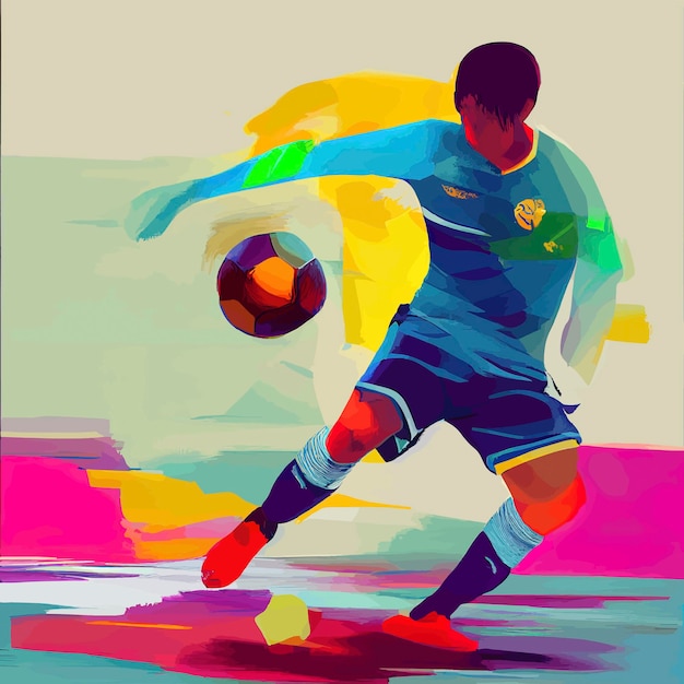 Abstract splattered splashed graffiti paint of shadow of man playing soccer with a colorful energy