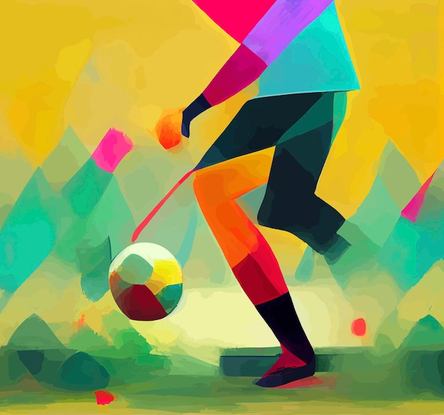 Abstract splattered splashed graffiti paint of shadow of man playing soccer with a colorful energy