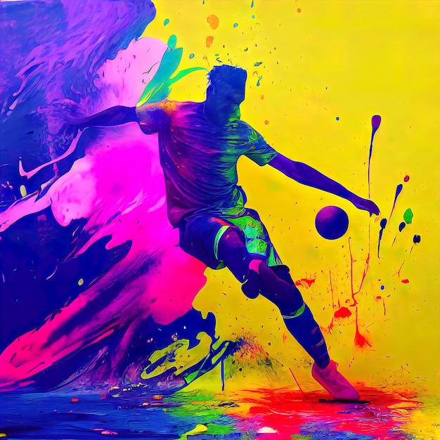 Abstract splattered splashed graffiti paint of shadow of man playing soccer with a colorful energy