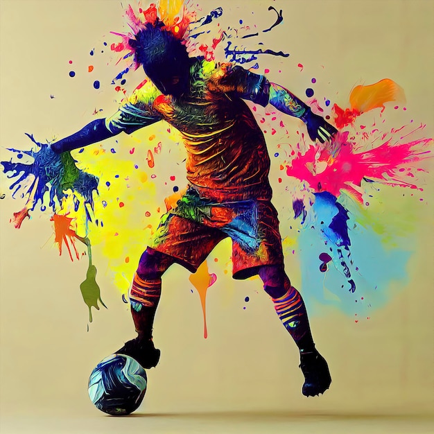 Abstract splattered splashed graffiti paint of shadow of man playing soccer with a colorful energy