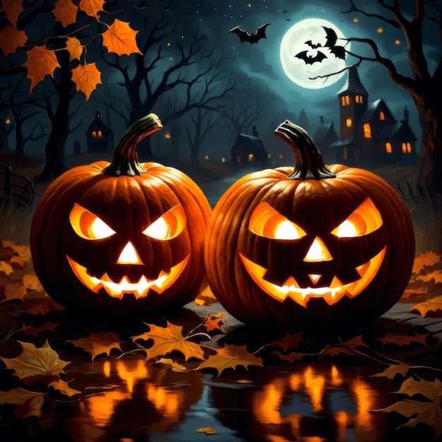 Abstract spooky Halloween pumpkins with autumn leaves