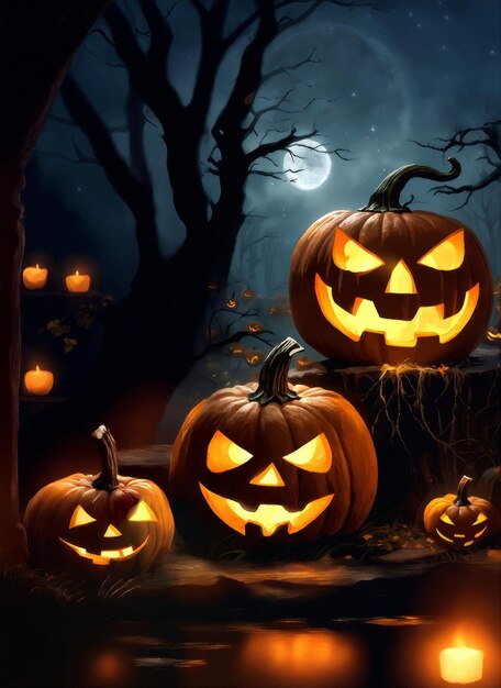 Abstract spooky Halloween pumpkins with autumn leaves