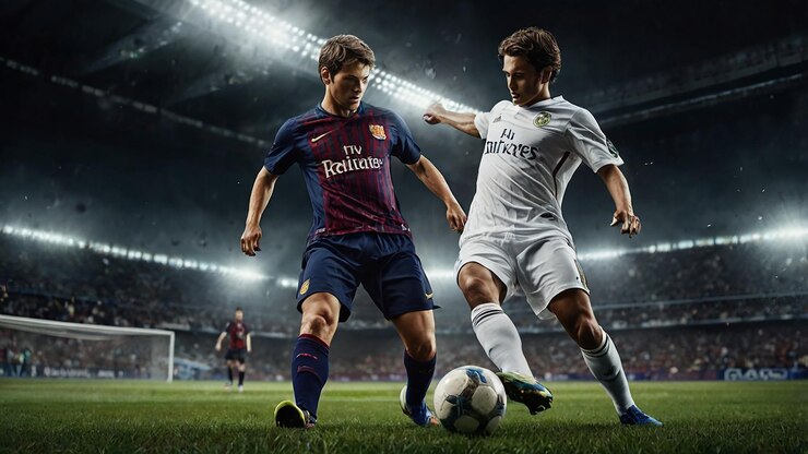 Photo 抽象的なスポーツポスター サッカー選手がボールを打つ