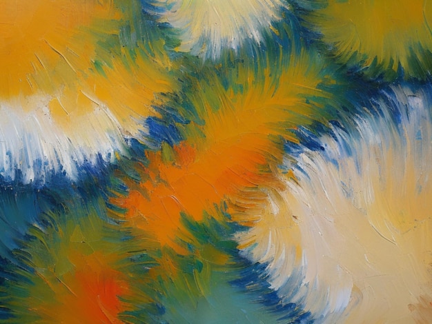 油絵の具で描かれた抽象的な斑点、羽のような、またはボアのような赤、黄、青、白、オレンジ色の混沌とした