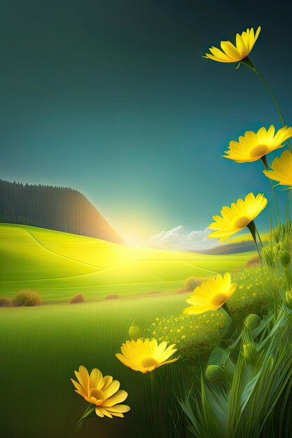 Abstract spring background with fresh grass and yellow flowers