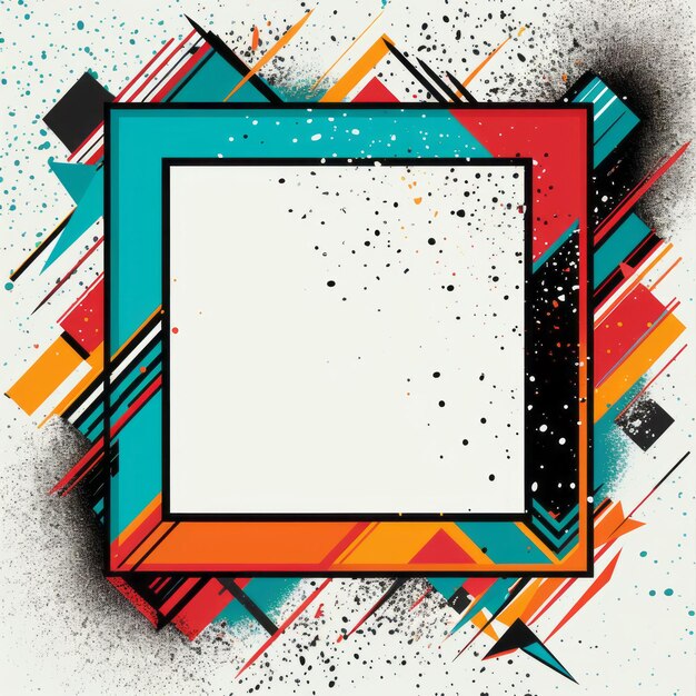 Abstract square frame with paint splatters on a white background