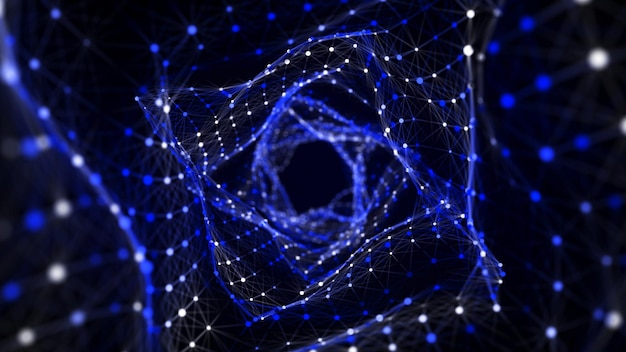 Abstract square speed tunnel with blue light on black background Science background with dots and lines moving in a spiral Wormhole technology Digital structure with particles 3d rendering