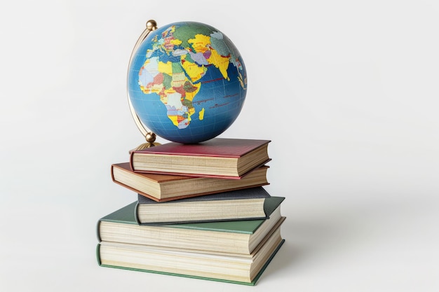 abstract stack of books with globe 3d illustration with world book day white on background