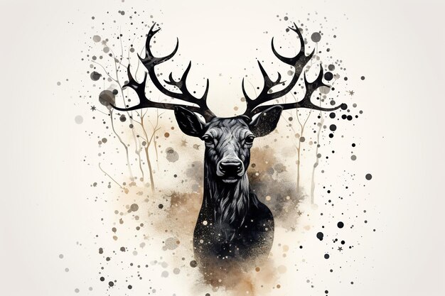 Abstract Stag Illustration with Splatter Background Generative AI