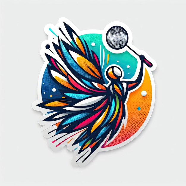 abstract sticker design with a colorful bird playing and holding badminton
