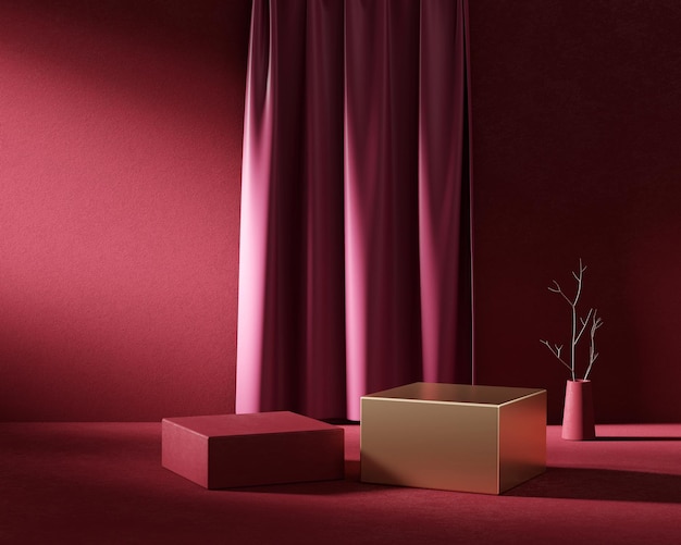 Abstract still life elegance red podium platform product showcase with curtain 3d rendering