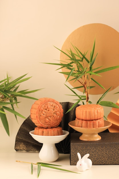 Abstract Still Life Mid Autumn Festival Snack Moon Cake on Cream  Background with Young Bamboo Tree, Selected Focus