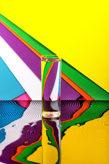Абстрактный натюрморт со стаканом воды на цветном ярком фоне