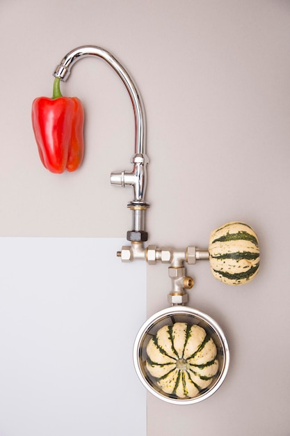 Abstract still life with a kitchen faucet, red pepper and decorative pumpkins
