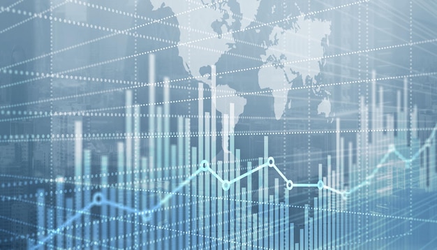 世界地図の背景に抽象的な株式市場の棒グラフ