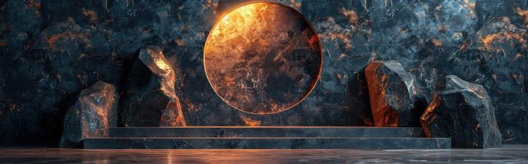 Photo abstract stone wall with glowing circle and platform