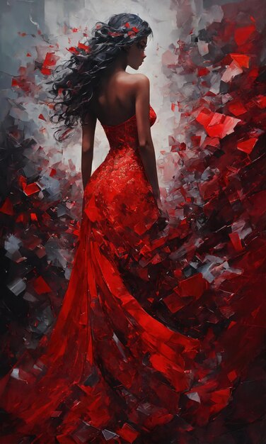 Abstract style fashion art portrait of a beautiful woman in a red dress ai generative