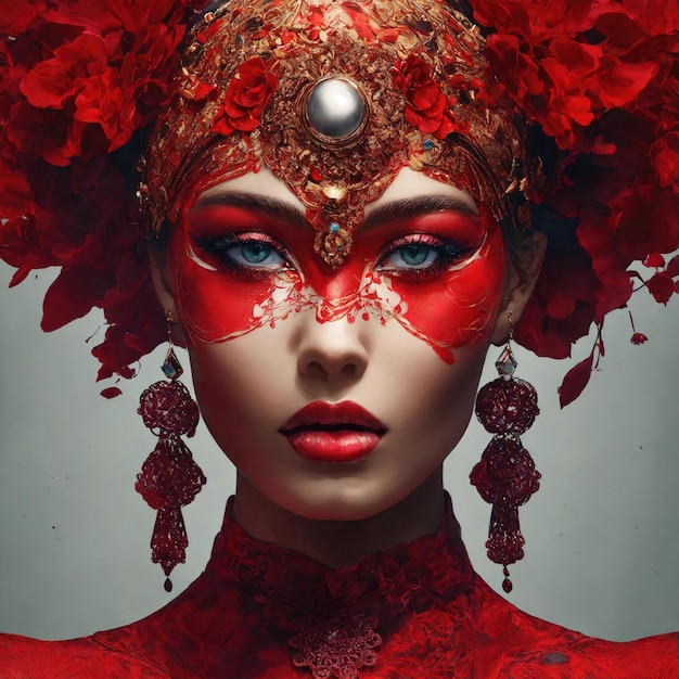 抽象的なスタイルのファッションアート 赤いドレスを着た美しい女性の肖像画